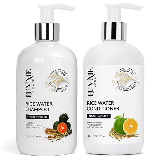 Luv Me Care Rice Water Hair Thickening Shampoo and Conditioner Set - with Biotin Strengthening and Volumizing Formula for Thinning Hair, All Hair Types, Men and Women