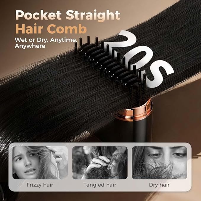 Mini Hair Straightener Brush, Rechargeable Portable Mini Straightening Comb, 3-Speed Temperature Control, Travel Size Pocket Hair Straightener for Women (Pink)