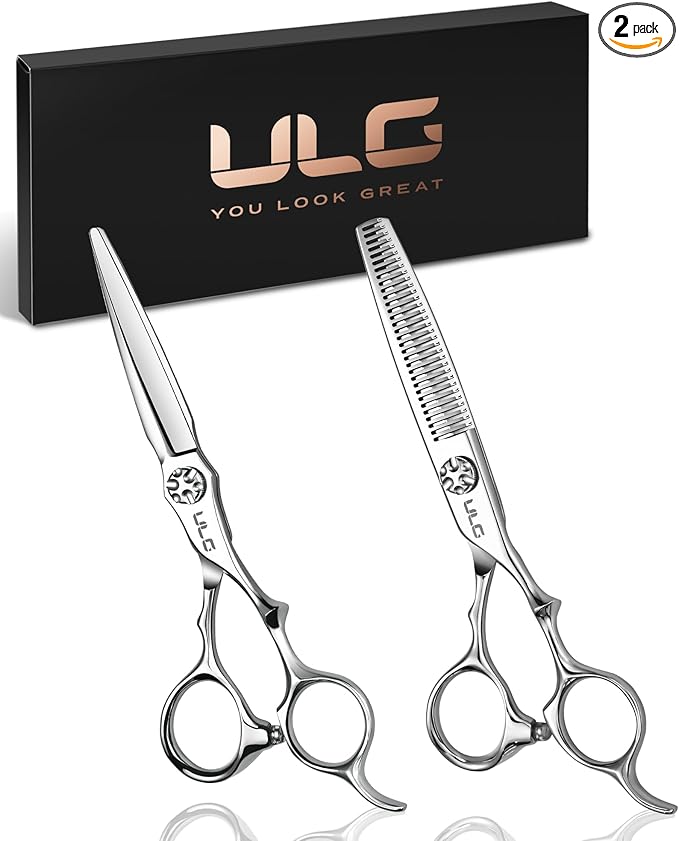 ULG Hair Cutting Shears & Thinning Scissors Kit, Japanese 440C Stainless Steel, Professional Barber Scissors Set for Home and Salon, 6.7-Inch 2.2oz Lightweight, Ergonomic Offset Handles