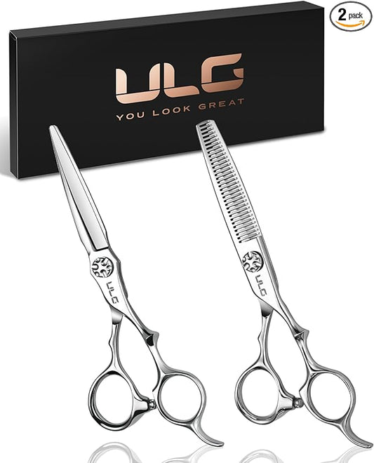 ULG Hair Cutting Shears & Thinning Scissors Kit, Japanese 440C Stainless Steel, Professional Barber Scissors Set for Home and Salon, 6.7-Inch 2.2oz Lightweight, Ergonomic Offset Handles