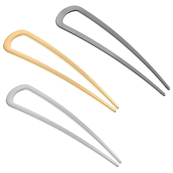3 Pcs French Hair Pins for Women, U Shaped Hairs Pins, Metal Gold Hairs Accessories, for French Twists, Buns and Updos with No Hair Damage Comfortable Keeps in Place (Gold+Silver+Black)
