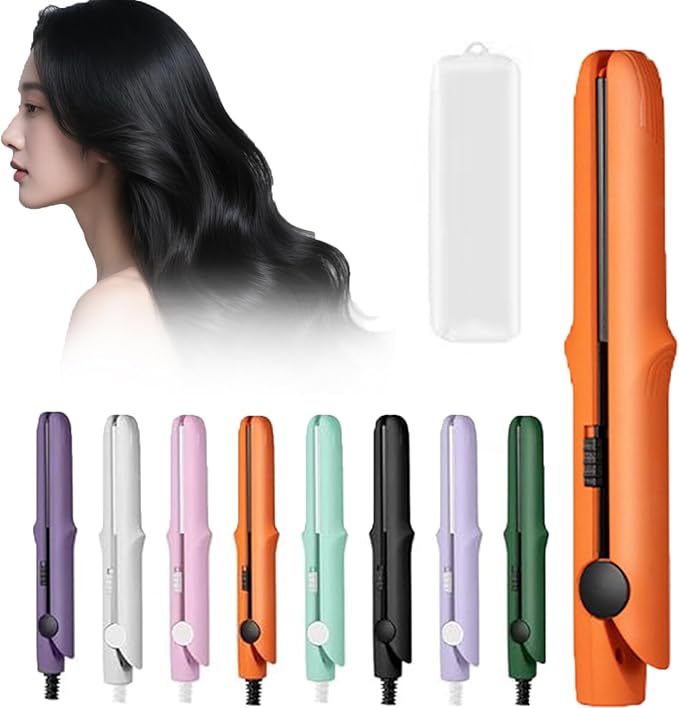 2 in 1 Mini Curling Iron, Hair Straightener, Dual Purpose Travel Curling Wand for All Hair Types Including Short & Long Hair, Portable Styling Tool with Constant Temperature (Orange)