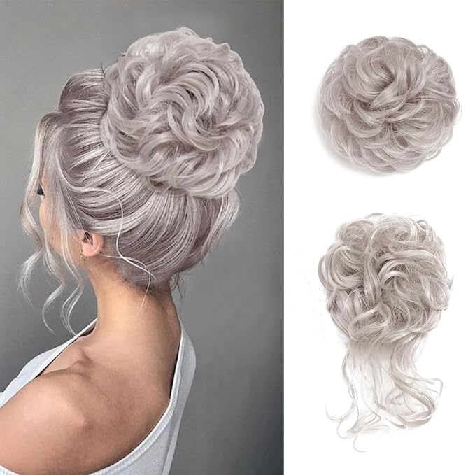 2PCS Gray Messy Bun Hair Pieces for Women Bun Updo Hair Pieces Wavy Curly Synthetic Hairpieces for Women Updos Hair Buns Scrunchies Ponytail Extension #4503 Flaxen Gray