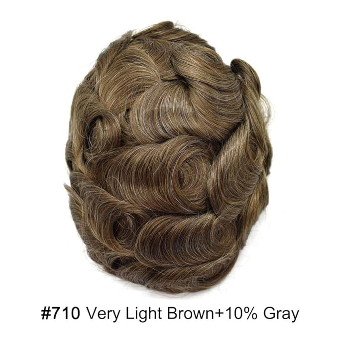 Toupee For Men Real Human Hair System For Men Full Swiss Lace Mens Toupee Lace Hair Piece For Men Hair System Bleached Knots 8x10-80% light density#710 7# VERY LIGHT BROWN+10% GREY