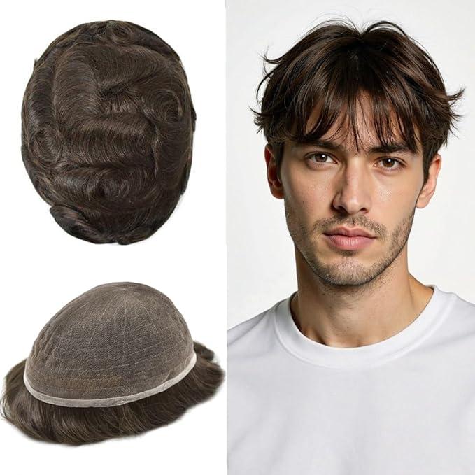 Toupee For Men Real Human Hair System Full Swiss Lace Lace Hair Piece For Mens Toupee Hair System Bleached Knots 8x10 120% Medium light density 3# DARK BROWN