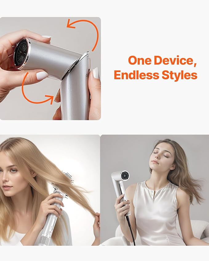 VEVOR Hair Styler Dryer Brush, 7-in-1 Professional Multi Styler with Brushless Motor, 2 Auto-Wrap Curler, 3 Brushes & 3 Nozzle, 110,000RPM High-Speed Hot Air Styler, 90° Folding Design for Fast Drying