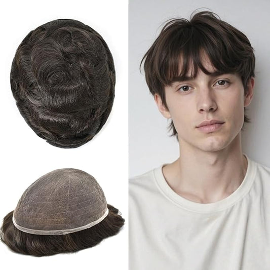 Toupee For Men Real Human Hair System Full Swiss Lace Mens Toupee Lace Hair Piece For Men Hair System Bleached Knots 8x10-90% light density2# DARKEST BROWN