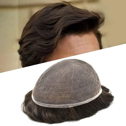 Toupee For Men Real Human Hair System For Men Full Swiss Lace Mens Toupee Lace Hair Piece For Men Hair System Bleached Knots 8x10-80% light density2# DARKEST BROWN