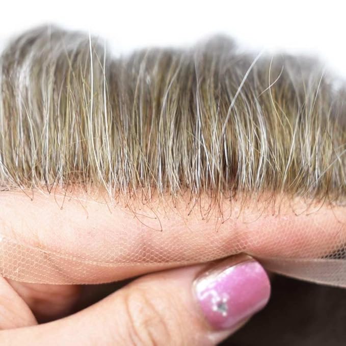 Toupee for Men Real Human Hair Swiss Lace Hairpiece for Men Hair Replacement System Poly Coated Mens Hairpieces Mens Hair System 6X8-100% Density 520# 5# MEDIUM LIGHT BROWN+20% GREY