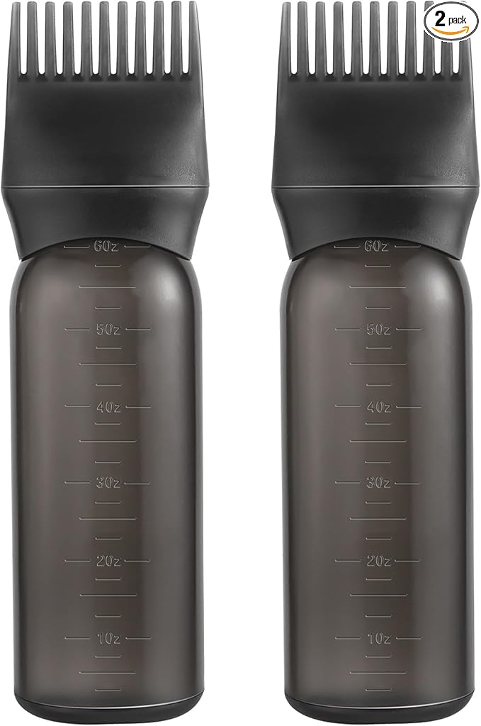 Pimoys 2 Pack Root Comb Applicator Bottle 6 Ounce Oil Applicator for Hair Dye, Black Hair Oiling Bottle Applicator Brush with Graduated Scale