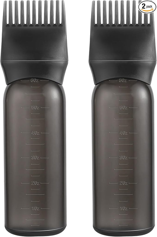 Pimoys 2 Pack Root Comb Applicator Bottle 6 Ounce Oil Applicator for Hair Dye, Black Hair Oiling Bottle Applicator Brush with Graduated Scale