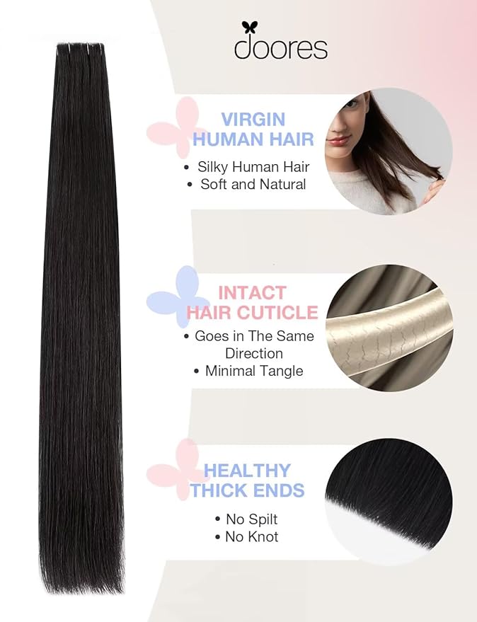 DOORES Seamless Human Hair Extensions Tape in Invisi Edge, Jet Black 10pcs Injection Tape-ins 25g 20 Inch, Natural Injected Tape in Extensions Virgin Human Hair Thick Ends