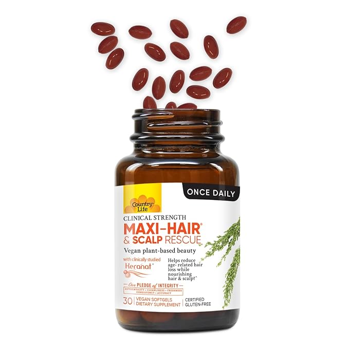 Country Life Maxi-Hair & Scalp Rescue, Clinical Strength Plant-Based Beauty, 30 Softgels, Gluten Free