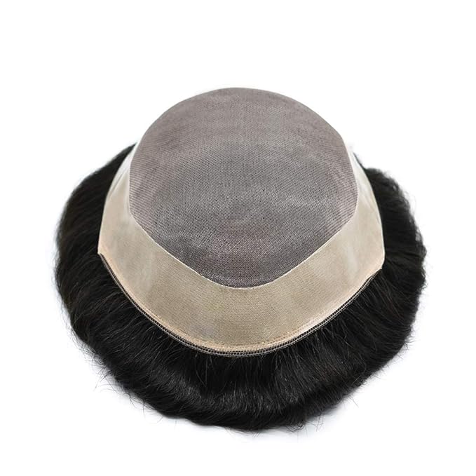 Mens Toupee Human Hair System Durable Fine Mono Lace Men Replacement PU Poly Skin Around Light to Medium Density Wig Hairpiece (5"X7", 2 Darkest Brown)