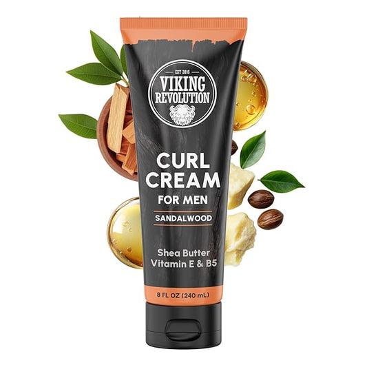 Viking Revolution Hair Curl Cream for Men - Sandalwood Curling Cream with Vitamin E & B5, Shea Butter - Styling Cream for Curly Hair to Enhance, Define and Shape Natural Curls and Wavy Hair (8fl oz)