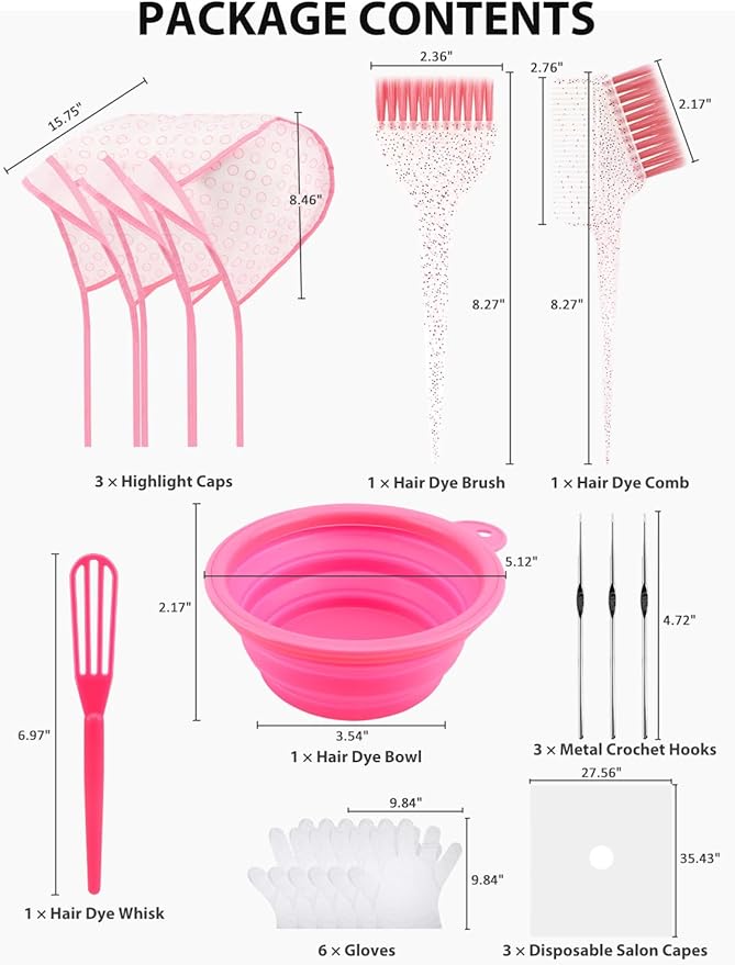 19PCS Hair Bleach Highlighting Kit with Hair Dye Brush and Bowl Set Color Whisk, Highlight Frosting Cap with Hook, Disposable Gloves Capes, Home Use Salon Tools for Hair Bleaching Coloring Dying