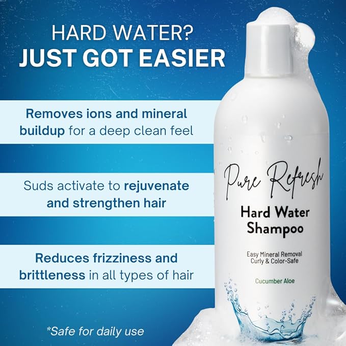 Pure Refresh Hard Water Shampoo - Chelating, Sulfate-Free Hair Care for Well Water - Hard Water Hair Treatment to Gently Remove Buildup and Revive Softness - Made in the USA (16oz.)
