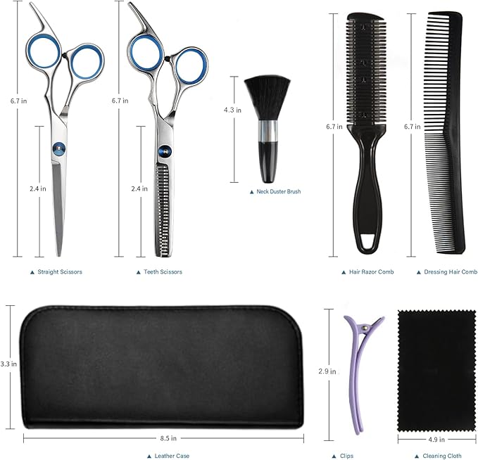 Haircut Scissors Kit, 11 Pcs Professional Set - Haircut, Thinning Scissors, Neck Duster Brush, Comb, Barber Cape, Hair Clips, Hairdressing Shears for Barber and Home