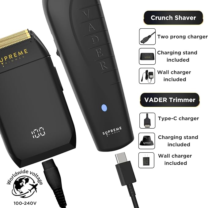 Supreme Trimmer Vader Trimmer & Crunch Foil Shaver Barber Haircutting Kit | Professional DLC T-Blade Beard Trimmer ST3778 & STF602 Waterproof IPX6 Shaver Set | (Black)