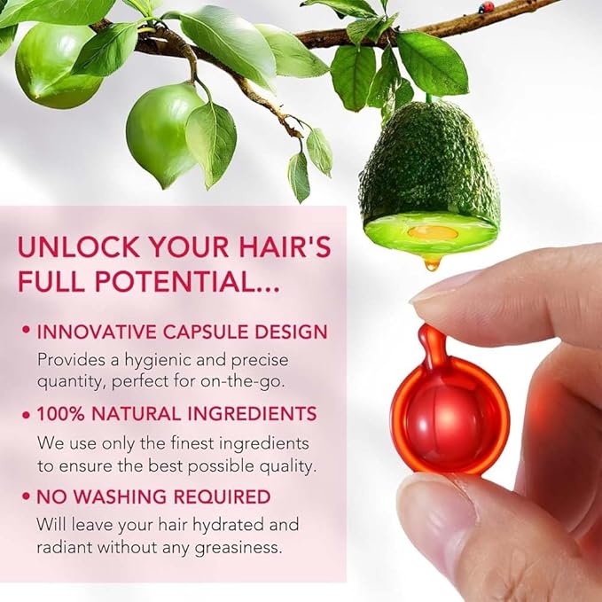 Hair Treatment Oil For Damaged Hair, Hair Treatment Serum For Frizzy & Dry Hair, Hair Vitamin Oil Capsules with Argan, Avocado, Moroccan Oil, Anti Frizz Leave in Conditioner with Vitamin A, C, E & B5