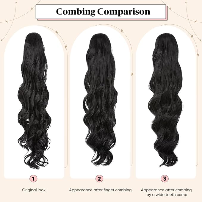Wavy Drawstring Ponytail Extensions Long 26 Inch Synthetic Fake Hairpiece for Women Off Black