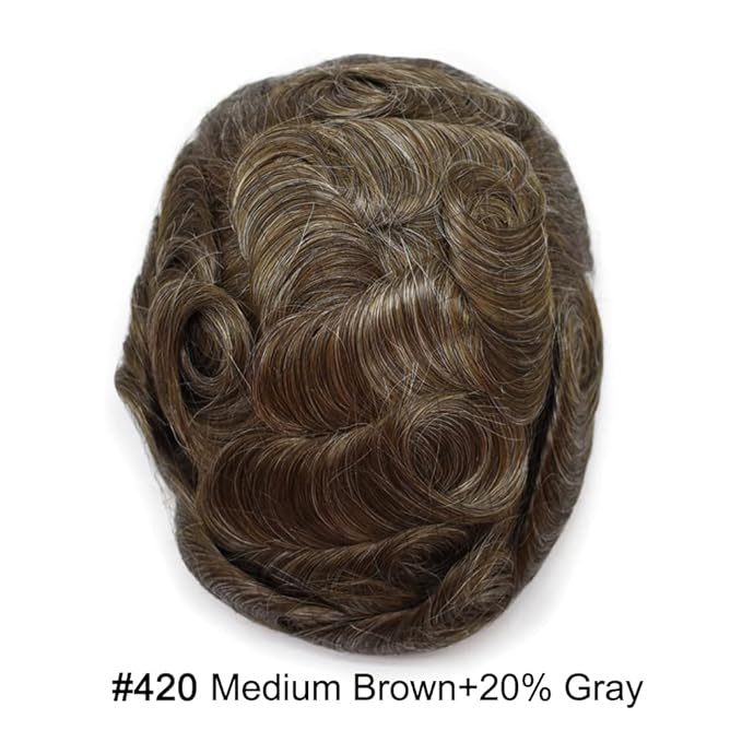 Toupee For Men Real Human Hair System For Men Full Swiss Lace Mens Toupee Lace Hair Piece For Men Hair System Bleached Knots 8x10-90% light density#420 4# MEDIUM BROWN+20% GREY