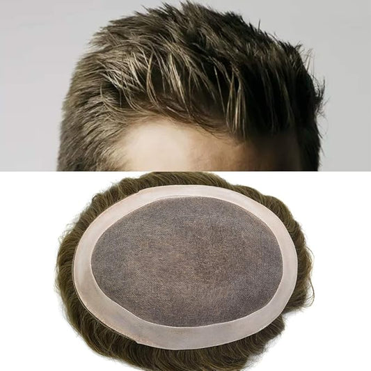 Mens Toupee Human Hair System Durable Fine Mono Lace Men Replacement PU Poly Skin Around Light to Medium Density Wig Hairpiece (7"X9", 3 Dark Brown)