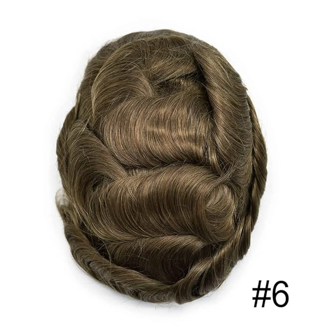 Mens Toupee Human Hair System Durable Fine Mono Lace Men Replacement PU Poly Skin Around Light to Medium Density Wig Hairpiece (7"X10", 6 Light Brown)