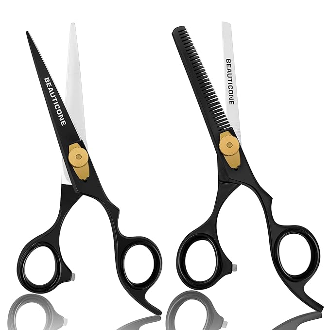 BEAUTICONE Hair Cutting & Thinning Scissors Set | 6.5 Inch Professional Stainless Steel Barber Shears | Hairdressing Scissors | Smooth & Sharp Edge Blades - for Men/Women (Black set of 2)