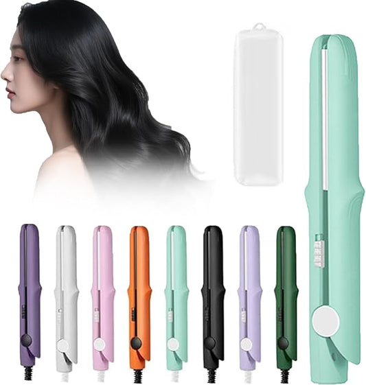 2 in 1 Mini Curling Iron, Hair Straightener, Dual Purpose Travel Curling Wand for All Hair Types Including Short & Long Hair, Portable Styling Tool with Constant Temperature (Mint Green)