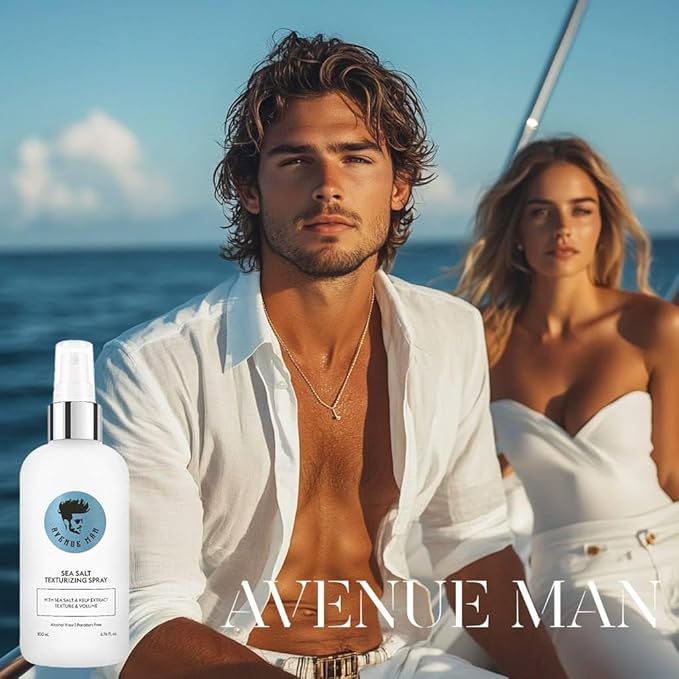 Avenue Man Sea Salt Spray for Men - Texturizing & Thickening Sea Salt Hair Spray for Men with Kelp and Brown Seaweed Extract - Paraben, Sulfate-Free - Add Volume and Texture Beach Hairspray 6.76 Oz