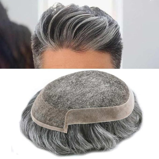 Toupee for Men Real Human Hair Swiss Lace Hairpiece for Men Hair Replacement System Poly Coated Mens Hairpieces Breathable Mens Hair System 6X9-120% Density #1B60 1B# OFF BLACK+60% GREY
