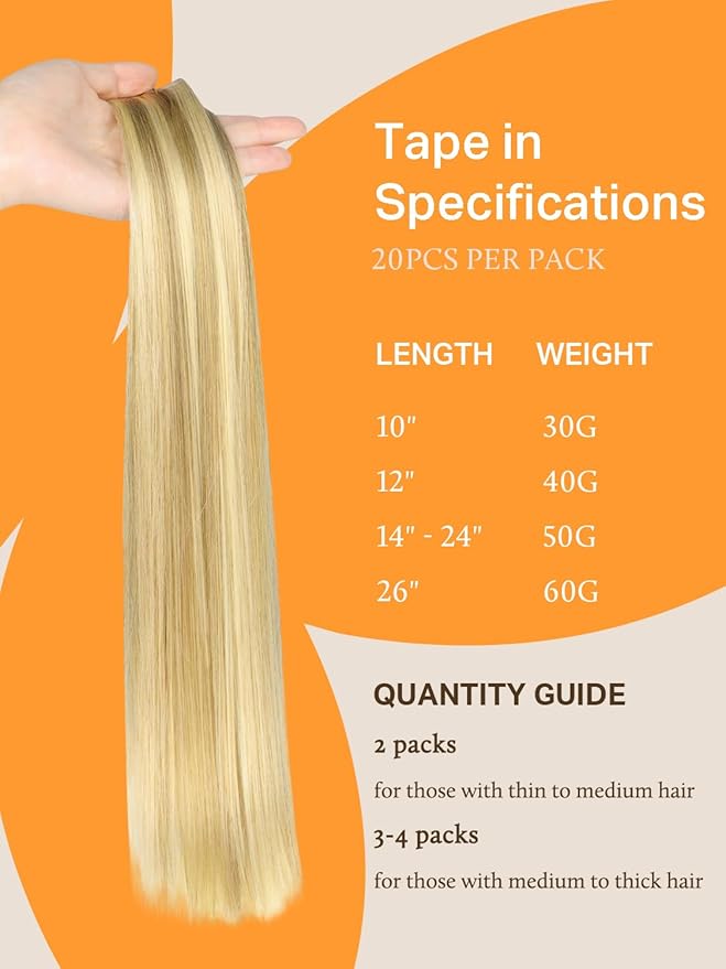 DOORES Tape in Human Hair Extensions, 20pcs 50g 14 Inch Drity Blonde Highlight Golden Blonde, Remy Human Hair, Straight, Tape-In Installation