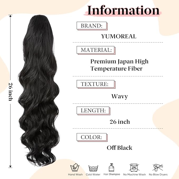 Wavy Drawstring Ponytail Extensions Long 26 Inch Synthetic Fake Hairpiece for Women Off Black