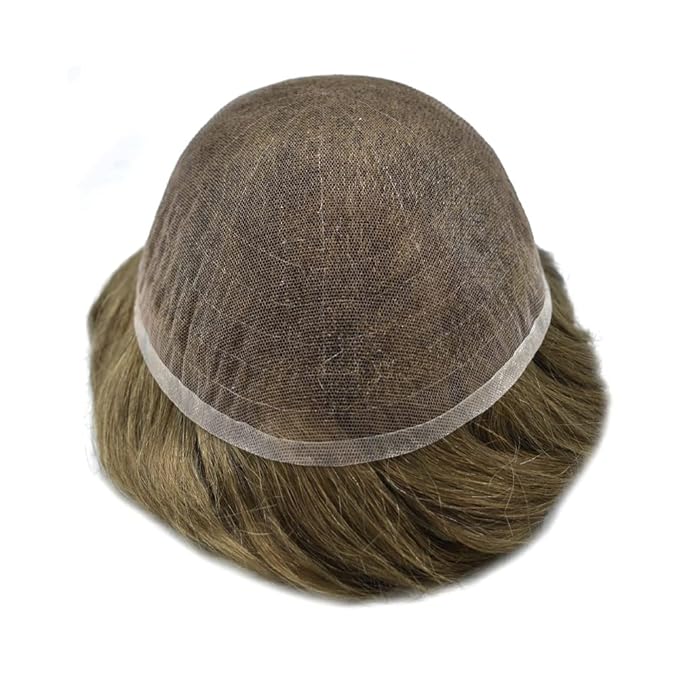 Toupee For Men Real Human Hair System For Men Full Swiss Lace Mens Toupee Lace Hair Piece For Men Hair System Bleached Knots 8x10-80% light density#710 7# VERY LIGHT BROWN+10% GREY