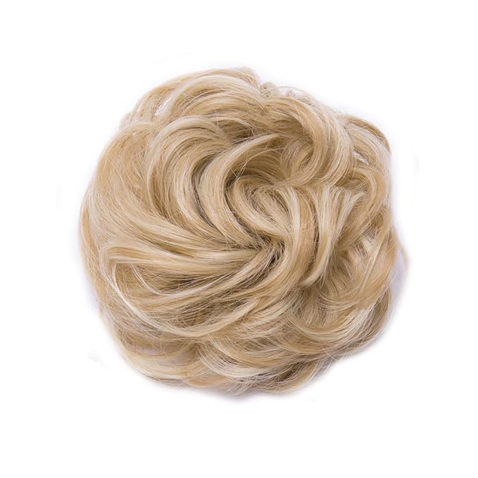 Benehair Hair Bun Hairpiece Scrunchy Updo Hair Pieces Fluffy Scrunchies Donut Hairpiece Synthetic Curly Wavy Messy Chignons With Elastic Rubber Band Dark Blonde & Bleach Blonde-Thicker 1pc 35g