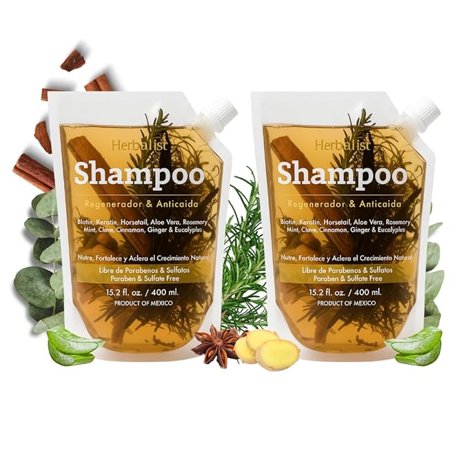 2 Piece Bundle - Herbalista Viral New Herbal Shampoo 400ml (15.2 fl oz) Each - With Real Pieces of Rosemary, Cinnamon, Anise, Clove, Aloe, Ginger, & Eucalyptus, Strengthens Regenerates Boosts Growth