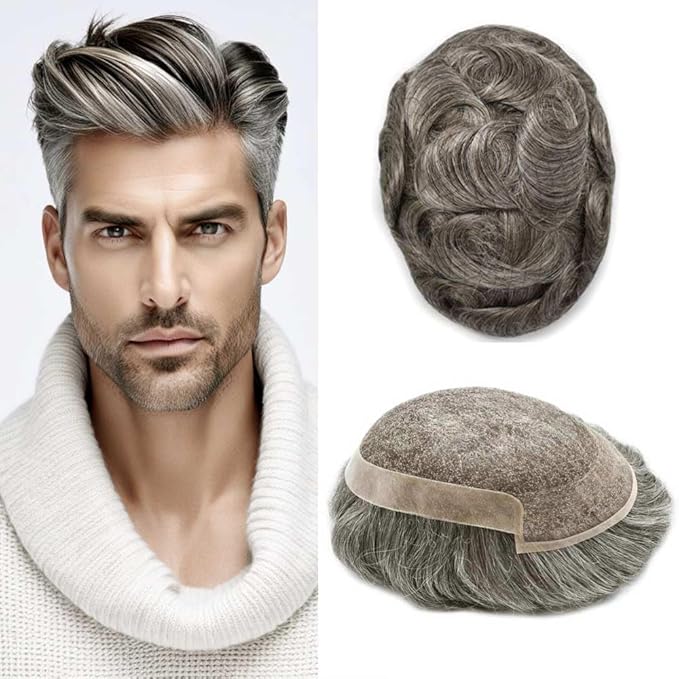 Toupee for Men Real Human Hair Swiss Lace Hairpiece for Men Hair Replacement System Poly Coated Mens Hairpieces Breathable Mens Hair System 6X9-80%Light Density 365# 3# DARK BROWN+65%GREY