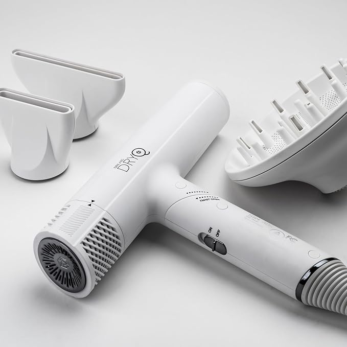 SRILabs DryQ ‘Smart’ Hair Dryer – White Edition – Super Lightweight, Foldable – Powerful, Quiet Motor – Infrared & Ionic Technology – 3 Magnetic Attachments – Heat Control with Locking Switch