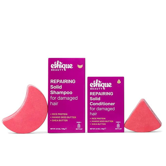 Ethique Beauty Rice Protein Repairing Shampoo & Conditioner Bar Set for Damaged Hair - Plastic-Free, Vegan, Cruelty-Free - 2 Pack