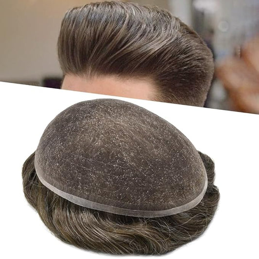 Toupee For Men Real Human Hair System For Men Full Swiss Lace Mens Toupee Lace Hair Piece For Men Hair System Bleached Knots 8x10-80% light density#440 4# MEDIUM BROWN+40% GREY