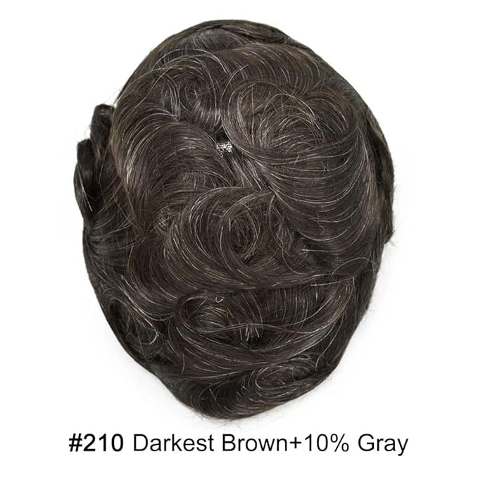 Toupee for Men Real Human Hair Swiss Lace Hairpiece for Men Hair Replacement System Poly Coated Mens Hairpieces Mens Hair System 6X8-120% light density 210# 2# DARKEST BROWN+10% GREY