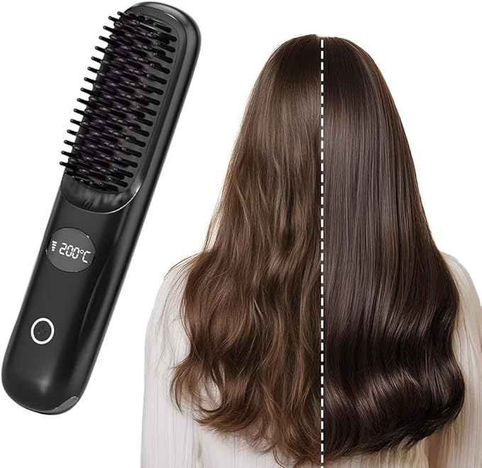 Portable Straightener Brush for Travel, USB Rechargeabl Fast Heating Hair Straightener Comb with 3 Temperature & LED Display, Women Travel Essentials (Black)