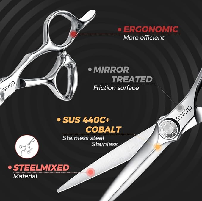 SWAP Professional Hair Cutting Scissors - 6.0'' Japanese SUS 440C Steel Barber Scissors, 60-62HRC Sharp Edge Blade with Adjustable Tension Screw for Salon & Home Use（6.0'' Hair Shears）