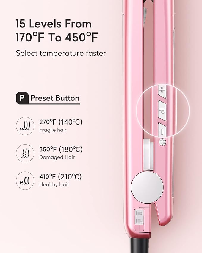 Wavytalk Salon Flat Iron Hair Straightener, Negative Ion Function with Titanium Plates Get Shinier & Smoother Hair, 15 Adjustable Temp, Dual Voltage & 60 Mins Auto Shut Off (Rose Gold)