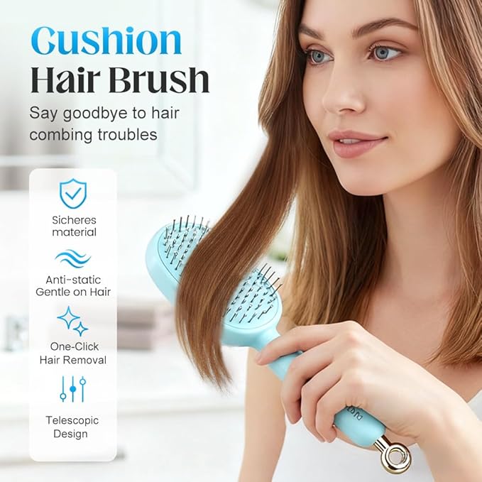 Retractable Cushion Massage Comb Brush, 2026 New Self Cleaning Hair Brush for Women, Anti Static Air Cushion Comb with Retractable Bristles for Women Men All Hairs Types (Blue)
