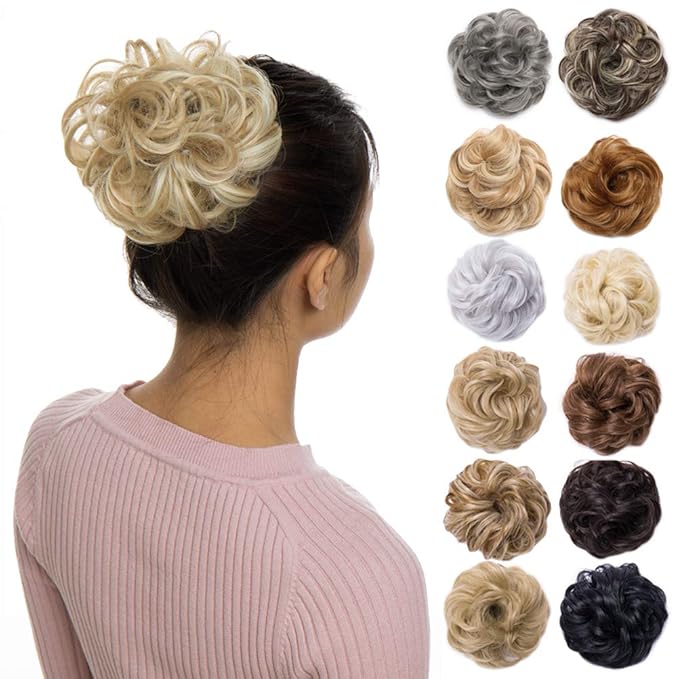 Benehair Messy Bun Hair Piece Scrunchy Updo Hair Pieces for Women Fluffy Wavy Hair Bun Scrunchies Donut Hairpiece Synthetic Chignons With Elastic Rubber Band Dark Blonde & Bleach Blonde 1pc 25g
