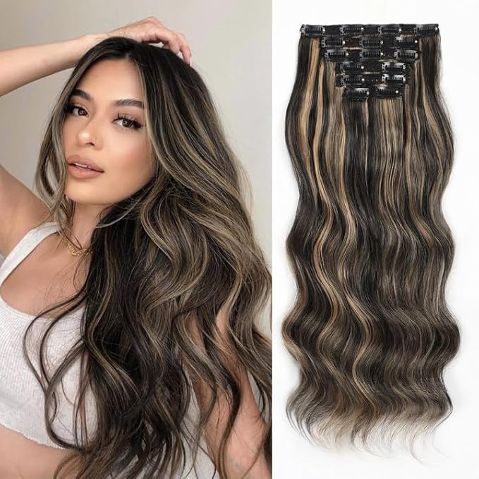 Vigorous Clip in Hair Extensions Black Mix Blonde Long Wavy Hairpieces 20Inch Hair Extensions Clip Ins Soft Synthetic Hairpieces for Women (7Pcs)
