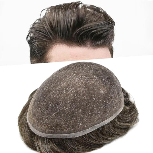 Toupee For Men Real Human Hair System For Men Full Swiss Lace Mens Toupee Lace Hair Piece For Men Hair System Bleached Knots 8x10-90% light density#430 4# MEDIUM BROWN+30% GREY