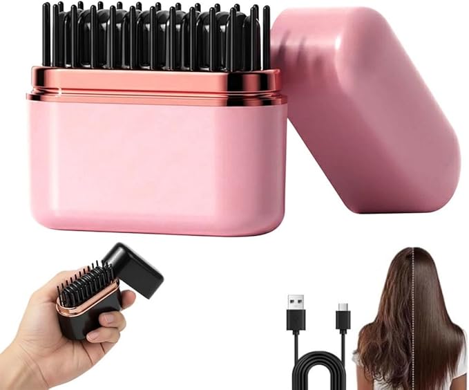 Mini Hair Straightener Brush, Rechargeable Portable Mini Straightening Comb, 3-Speed Temperature Control, Travel Size Pocket Hair Straightener for Women (Pink)